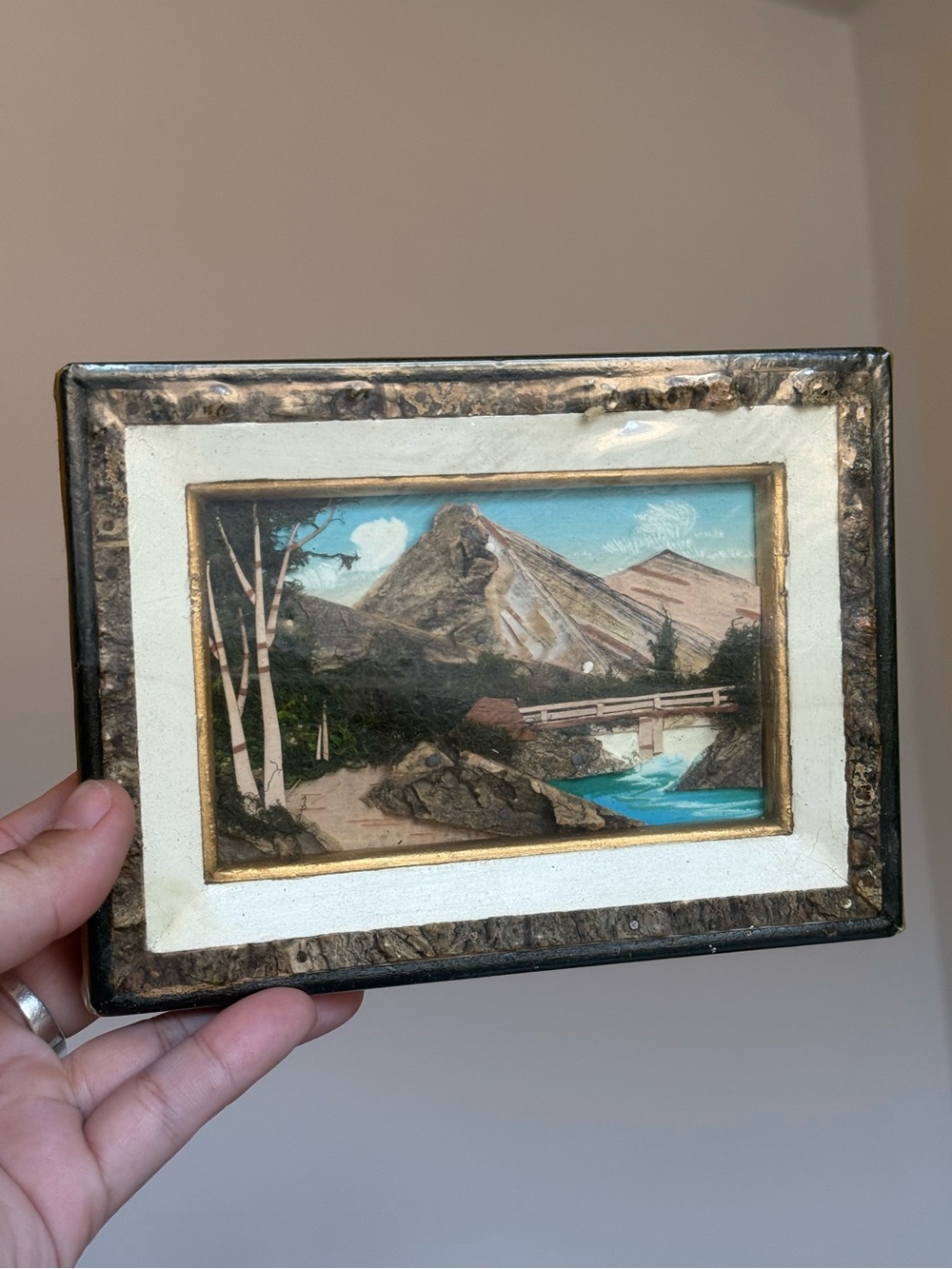 3D Japanese Vintage MCM Framed Mixed Media Bark Moss Diorama Wall Hanging Art